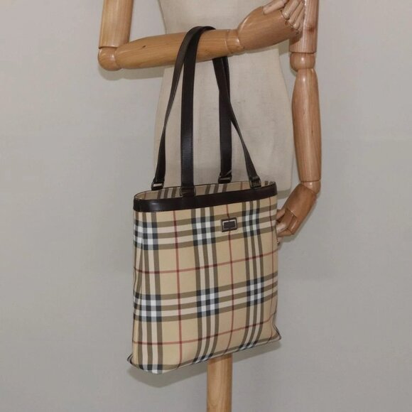 BURBERRY Nova Check Tote Bag PVC Leather Beige Brown Auth - Picture 1 of 15